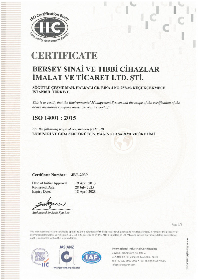 ISO 14001:2015 Çevre Yönetim Sistemi sertifikası