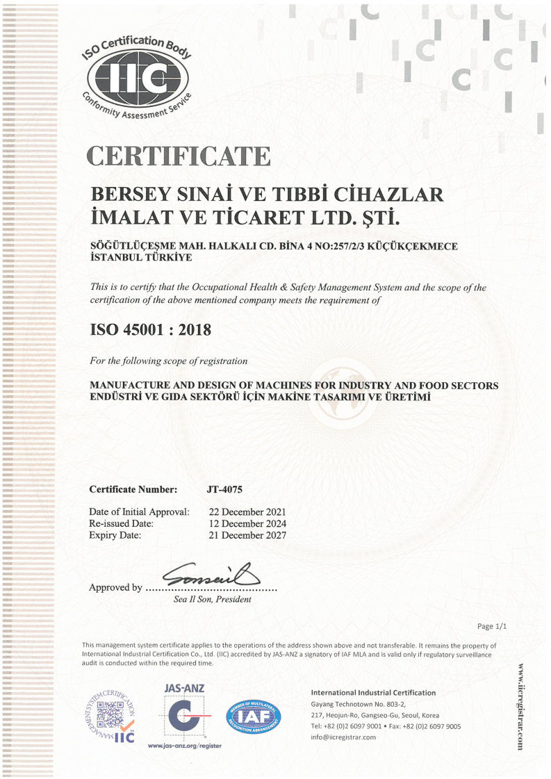 ISO 45001:2018 İş Sağlığı ve Güvenliği Yönetim Sistemi sertifikası