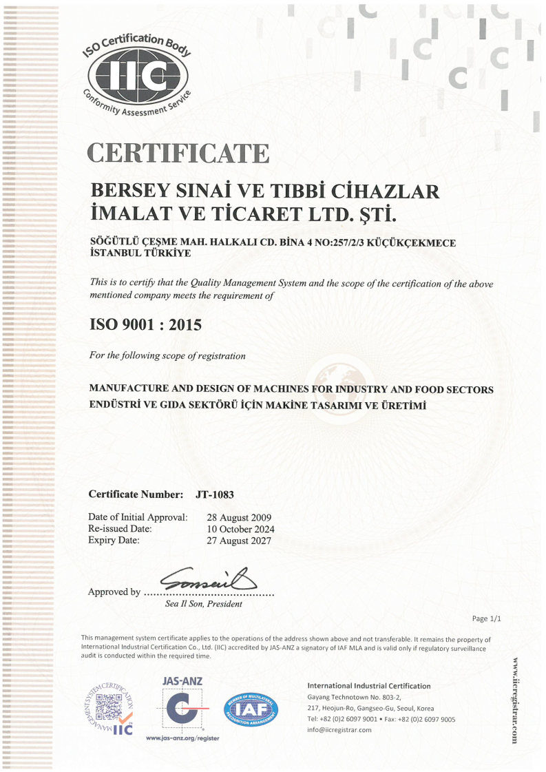 ISO 9001:2015 Kalite Yönetim Sistemi sertifikası
